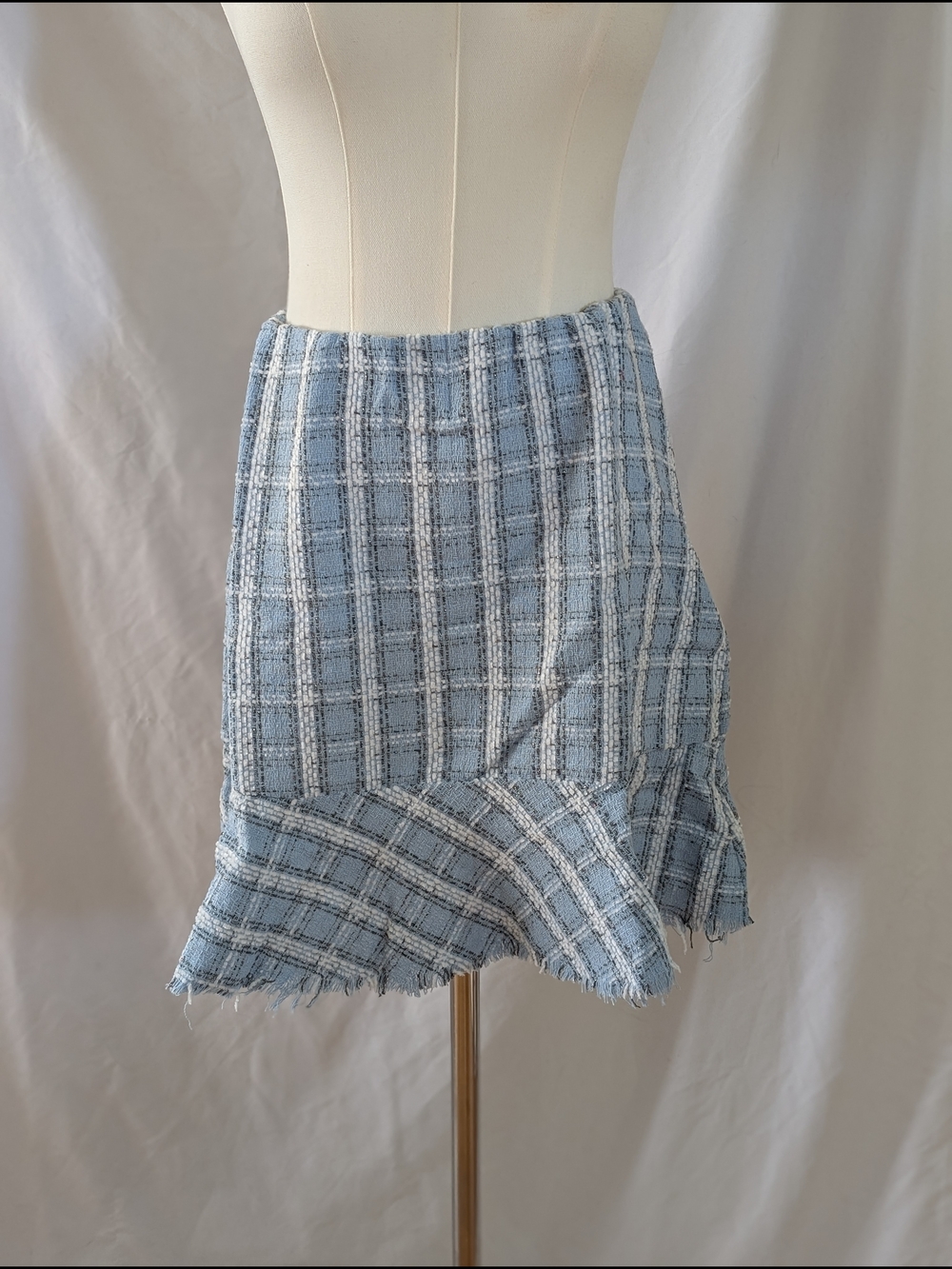 Umgee Blue Plaid Ruffle Raw Hem Skirt Y2kLight Blue Plaid Tweed Ruffle Hem Skirt